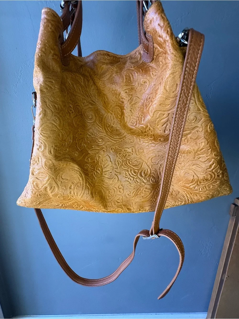 Isadora of Florence Large Tooled Italian Leather Tote Bag